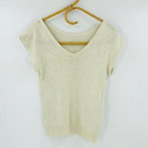 Vintage White Crochet Knitted V-Neck Cuffed Short Sleeve & Fitted Bottom Trim
